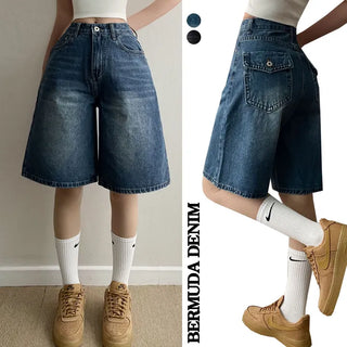 Vintage Washed Hip Pocket Denim Pants Bermuda Shorts Spring Fluff Cover Summer High-Waist Elastic Y2K Washed Pants