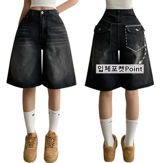 Vintage Washed Hip Pocket Denim Pants Bermuda Shorts Spring Fluff Cover Summer High-Waist Elastic Y2K Washed Pants
