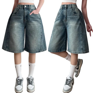 High-Waisted Side Pintuck Washed Balloon Wide Denim Pants Bantaza Bermuda Denim Shorts