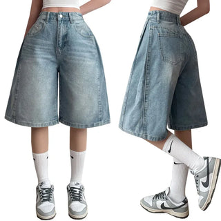 High-Waisted Side Pintuck Washed Balloon Wide Denim Pants Bantaza Bermuda Denim Shorts