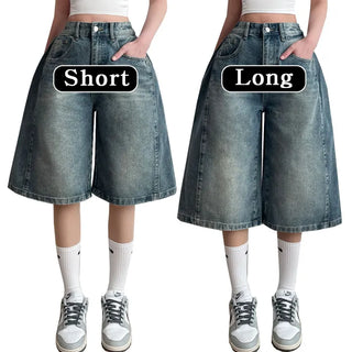 High-Waisted Side Pintuck Washed Balloon Wide Denim Pants Bantaza Bermuda Denim Shorts