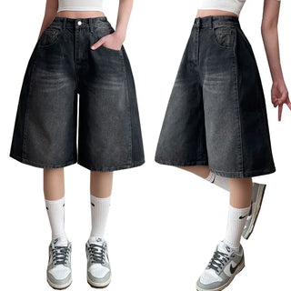High-Waisted Side Pintuck Washed Balloon Wide Denim Pants Bantaza Bermuda Denim Shorts