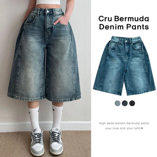 High-Waisted Side Pintuck Washed Vintage Bermuda Denim Pants  Hip Y2K Balloon Fit Wide Lower Body Cover Loose Fit Summer Denim Shorts