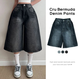 High-Waisted Side Pintuck Washed Vintage Bermuda Denim Pants  Hip Y2K Balloon Fit Wide Lower Body Cover Loose Fit Summer Denim Shorts