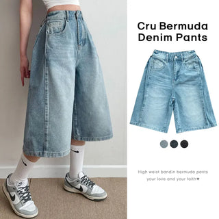 High-Waisted Side Pintuck Washed Vintage Bermuda Denim Pants  Hip Y2K Balloon Fit Wide Lower Body Cover Loose Fit Summer Denim Shorts