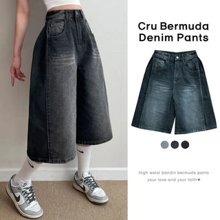 High-Waisted Side Pintuck Washed Vintage Bermuda Denim Pants  Hip Y2K Balloon Fit Wide Lower Body Cover Loose Fit Summer Denim Shorts