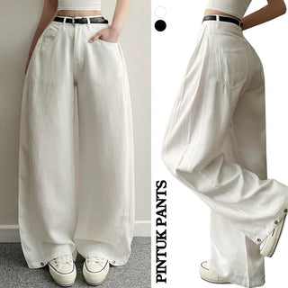 Side Pintuck Snap Wide Cotton Pintuck Pants Summer High-Waisted Elastic Pants