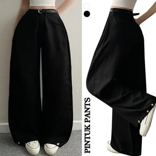 Side Pintuck Snap Wide Cotton Pintuck Pants Summer High-Waisted Elastic Pants