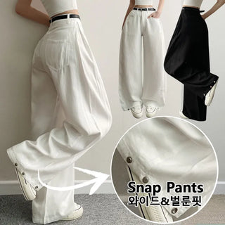 Side Pintuck Snap Wide Cotton Pintuck Pants Summer High-Waisted Elastic Pants