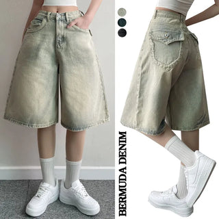 Y2K Vintage Bermuda Denim Pants Summer High-Waisted Short Wide Washed Balloon Denim Shorts