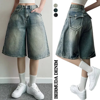 Y2K Vintage Bermuda Denim Pants Summer High-Waisted Short Wide Washed Balloon Denim Shorts