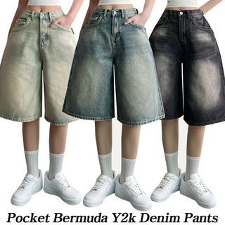 Y2K Vintage Bermuda Denim Pants Summer High-Waisted Short Wide Washed Balloon Denim Shorts
