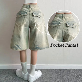 Y2K Vintage Bermuda Denim Pants Summer High-Waisted Short Wide Washed Balloon Denim Shorts