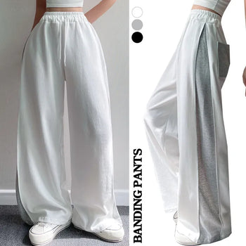Side Pintuck Contrast Wide Pants All Seasons Transitional High-Waist Elastic Short Long Spring Training Pants