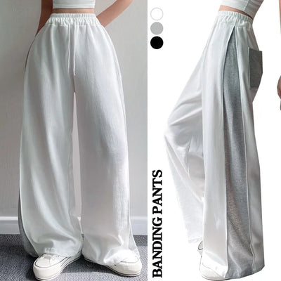 Side Pintuck Contrast Wide Pants All Seasons Transitional High-Waist Elastic Short Long Spring Training Pants