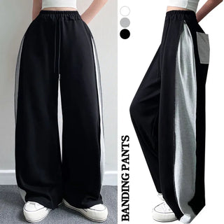 Side Pintuck Contrast Wide Pants All Seasons Transitional High-Waist Elastic Short Long Spring Training Pants