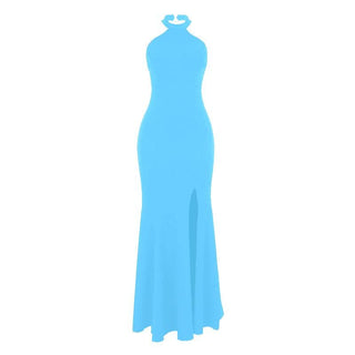 Halter backless high slit solid maxi dress