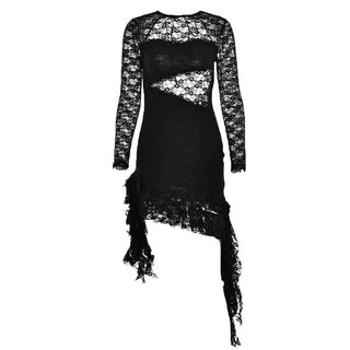 Lace backless solid ruffle long sleeve irregular mini dress - Final Sale