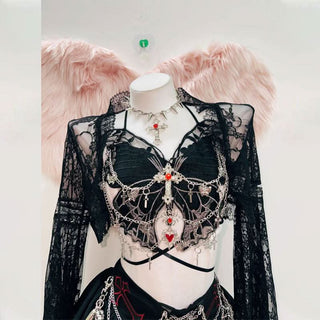 Long sleeve lace butterfly pattern metal chain mini skirt set