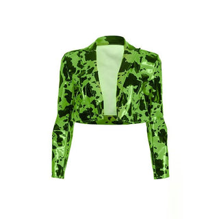 Turnover collar long sleeve PU leather print top