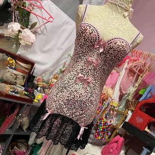 Leopard print bowknot lace hem v neck cami mini dress