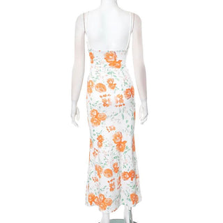 Self tie flower print backless spaghetti strap maxi dress