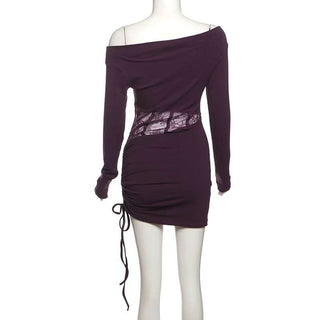 Long sleeve off shoulder ruched drawstring lace mini dress