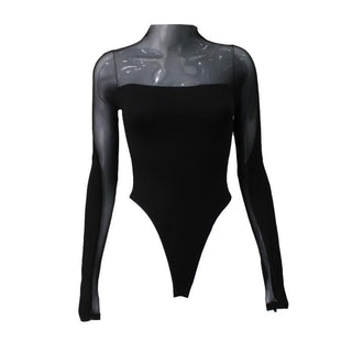 Long sleeve high neck mesh patchwork bodysuit