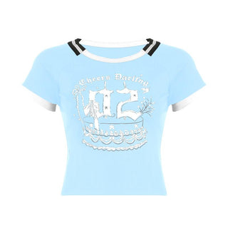 Short sleeve letter print contrast stitch top