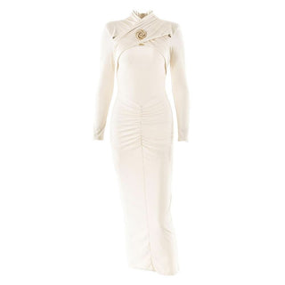 Hollow out long sleeve ruched slit solid cut out midi dress