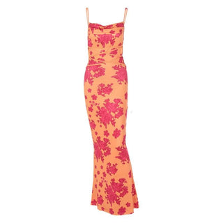 Flower print self tie cowl neck backless cami maxi dress