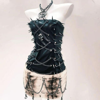 Metal chain PU leather fluffy skull applique mini dress