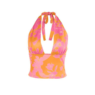 Self tie halter flower print backless contrast top