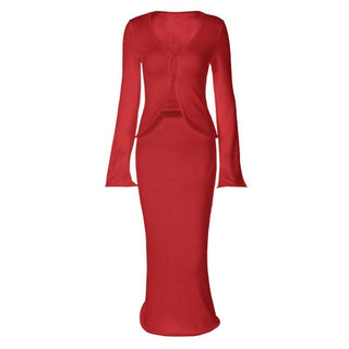 Long flared sleeve v neck button solid midi skirt set