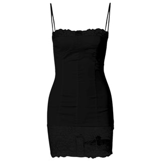 Lace patchwork stitch zip-up backless cami mini dress