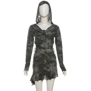Hoodie long sleeve belt hollow out cut out mini dress