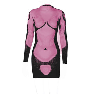 Long sleeve abstract contrast turtle neck mini dress