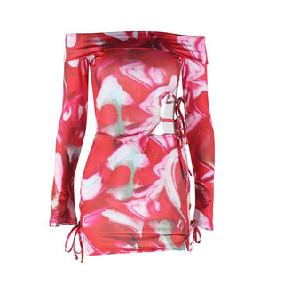 Long sleeve off shoulder hollow out print cut out mini dress