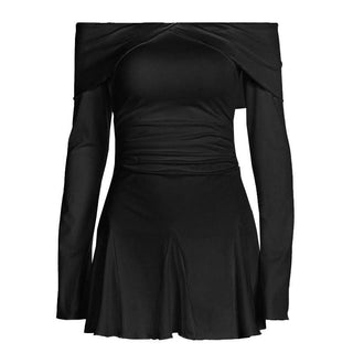 Off shoulder long sleeve ruched ruffle mini dress