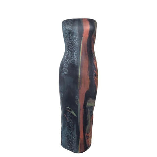 Print backless contrast tube midi dress