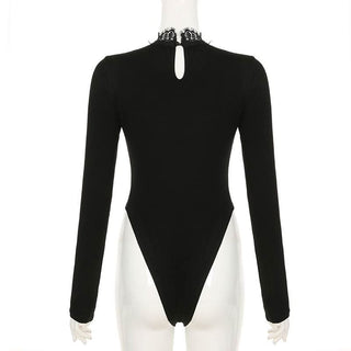 Long sleeve lace hem hollow out bodysuit