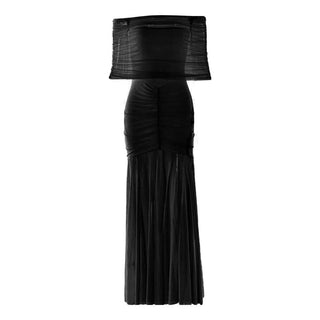 Off shoulder ruched mesh patchwork solid maxi dress-final-sale