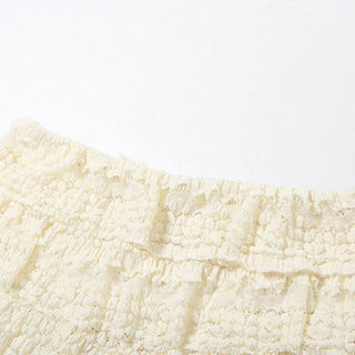 Crewneck ruffle lace ruched cap sleeve pant set