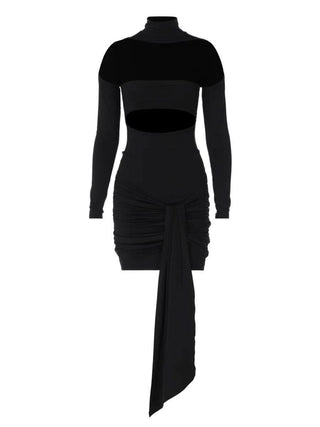High neck long sleeve hollow out knotted cut out mini dress