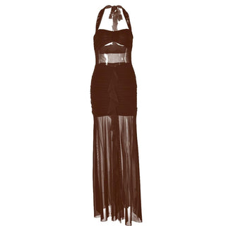 Halter patchwork mesh ruched ruffle maxi dress