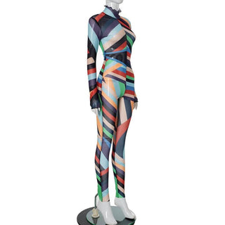 High neck long sleeve ruffle sheer mesh print jumpsuit
