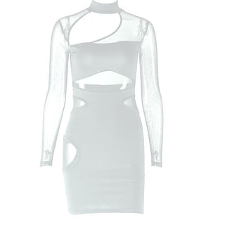 Long sleeve hollow out high neck mesh patchwork cut out mini dress