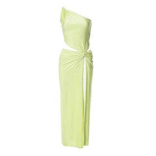 Knotted irregular one shoulder hollow out slit cut out maxi dress