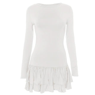 Ruched long sleeve crewneck solid mini dress