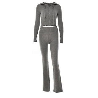 Long sleeve zip-up hoodie drawstring solid pant set